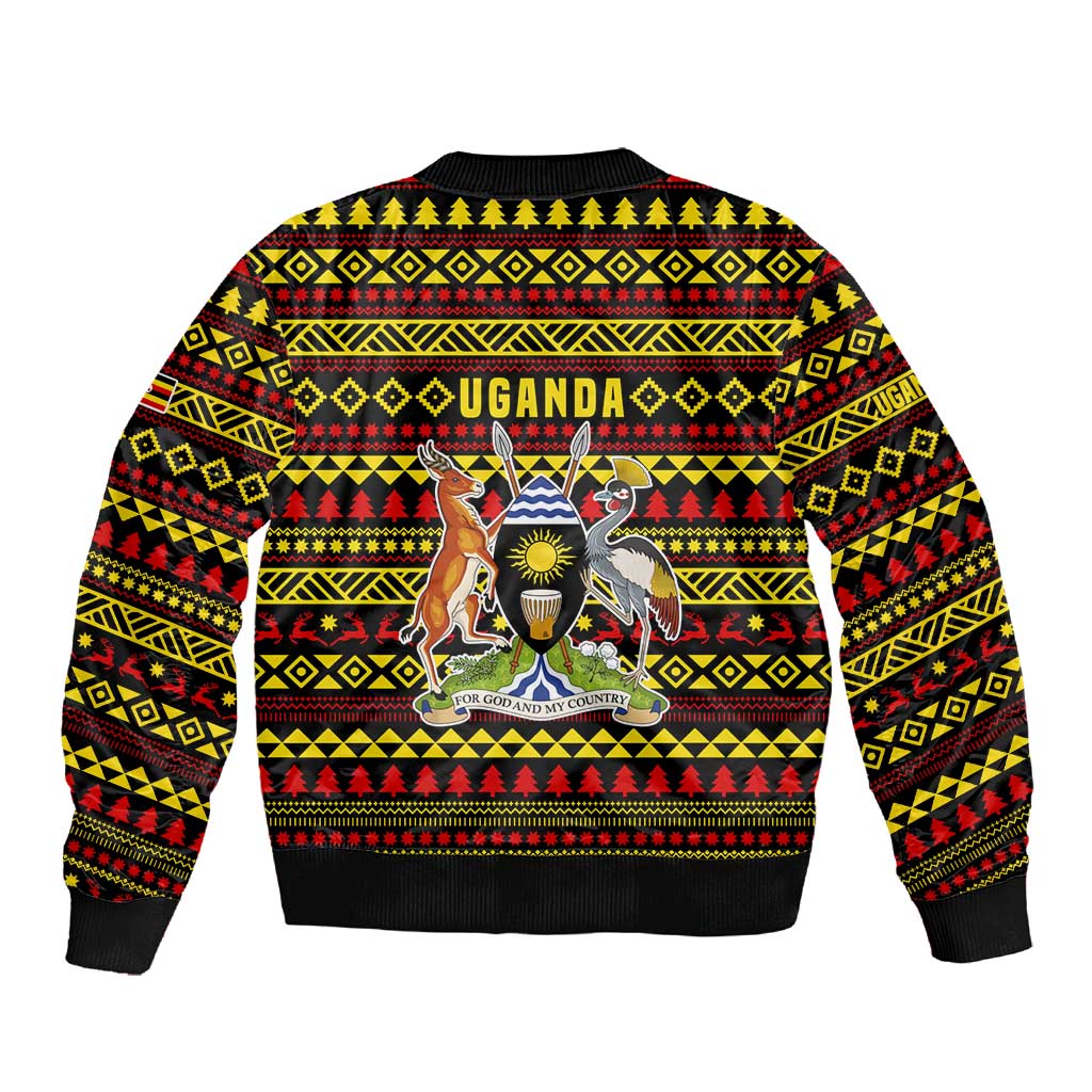 Uganda Christmas Sleeve Zip Bomber Jacket Flamingo Lights Uganda Flag and Black Red Yellow - African Pride