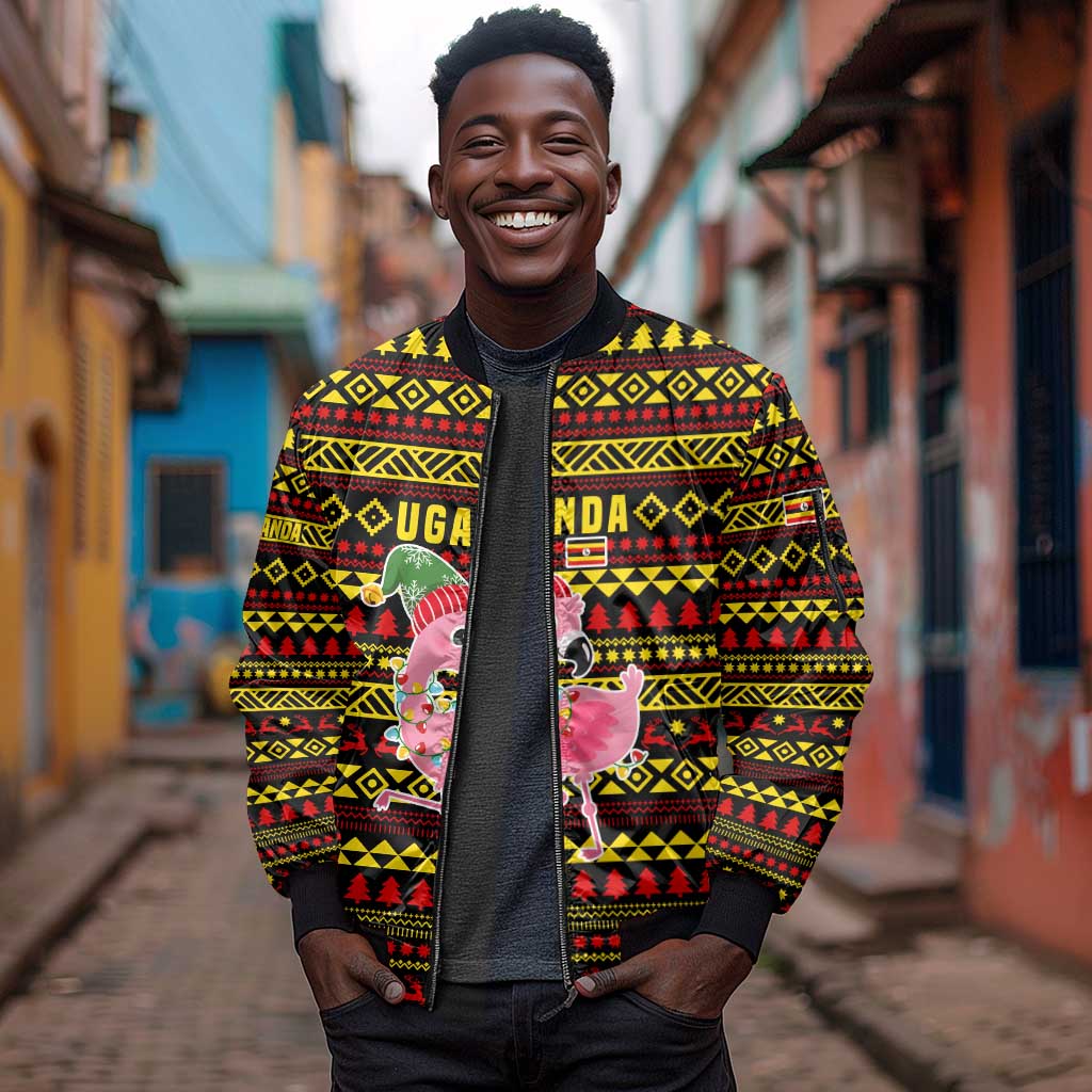 Uganda Christmas Sleeve Zip Bomber Jacket Flamingo Lights Uganda Flag and Black Red Yellow - African Pride
