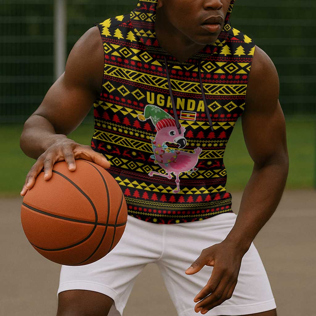 Uganda Christmas Sleeveless Hoodie Flamingo Lights Uganda Flag and Black Red Yellow - African Pride
