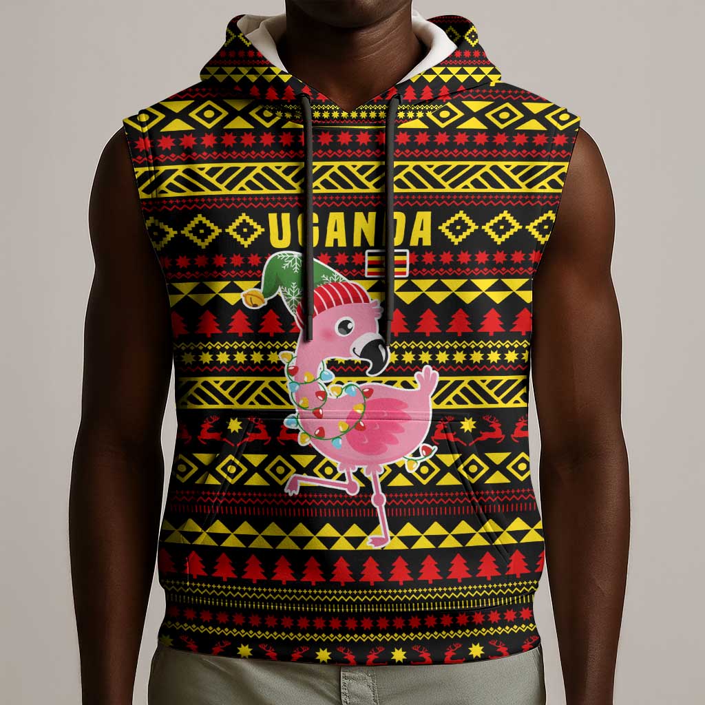 Uganda Christmas Sleeveless Hoodie Flamingo Lights Uganda Flag and Black Red Yellow - African Pride
