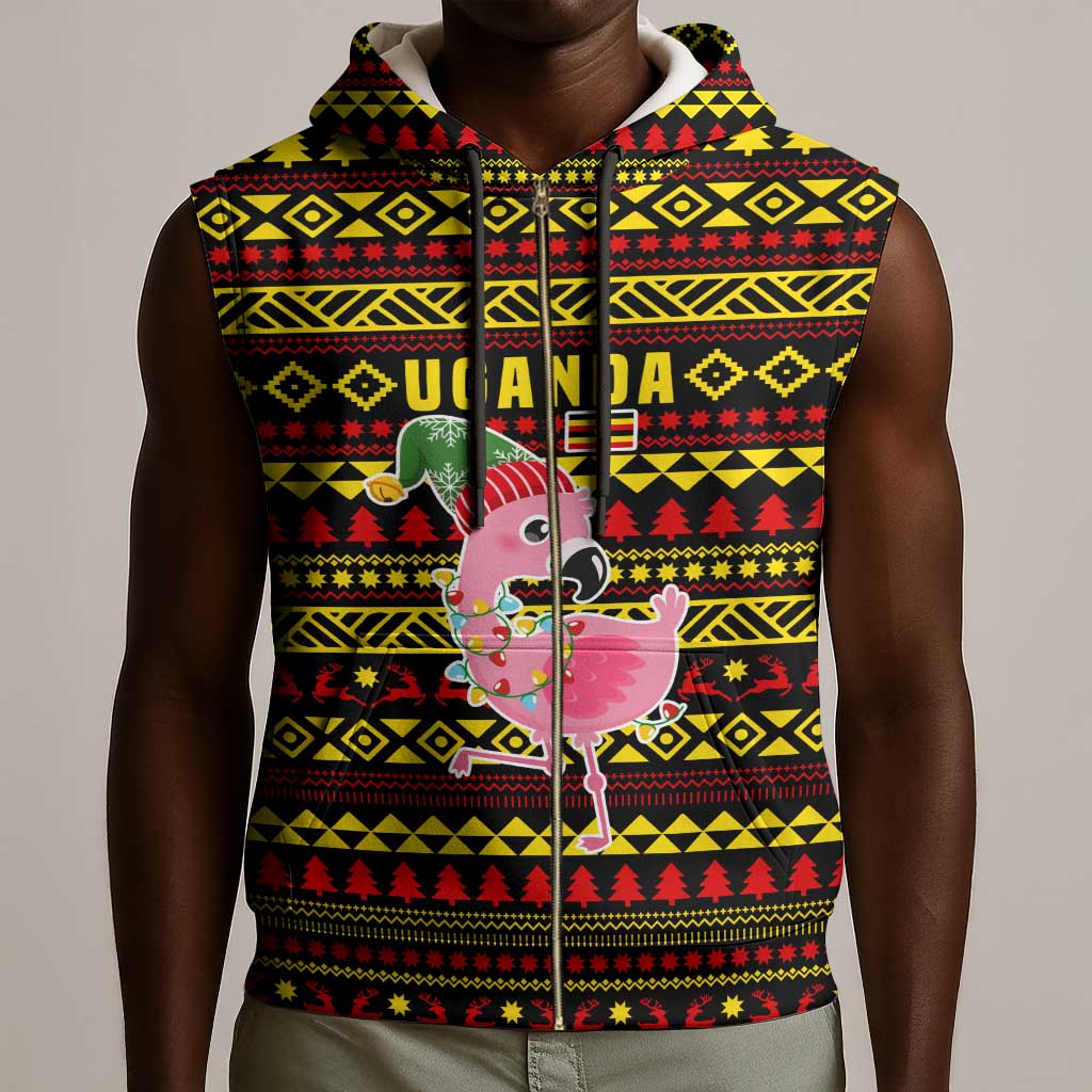 Uganda Christmas Sleeveless Zip Hoodie Flamingo Lights Uganda Flag and Black Red Yellow - African Pride