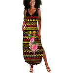 Uganda Christmas Summer Maxi Dress Flamingo Lights Uganda Flag and Black Red Yellow - African Pride