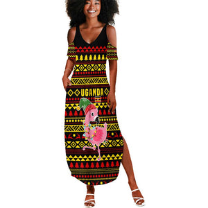 Uganda Christmas Summer Maxi Dress Flamingo Lights Uganda Flag and Black Red Yellow - African Pride