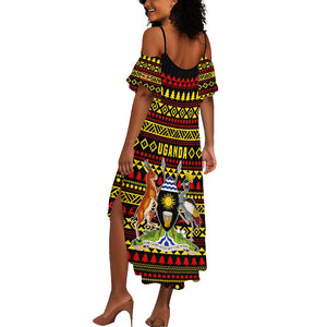 Uganda Christmas Summer Maxi Dress Flamingo Lights Uganda Flag and Black Red Yellow - African Pride