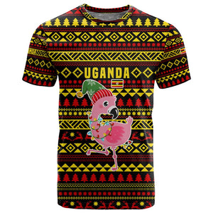 Uganda Christmas T shirt Flamingo Lights Uganda Flag and Black Red Yellow - African Pride