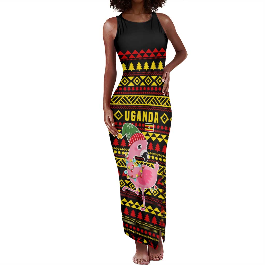 Uganda Christmas Tank Maxi Dress Flamingo Lights Uganda Flag and Black Red Yellow - African Pride