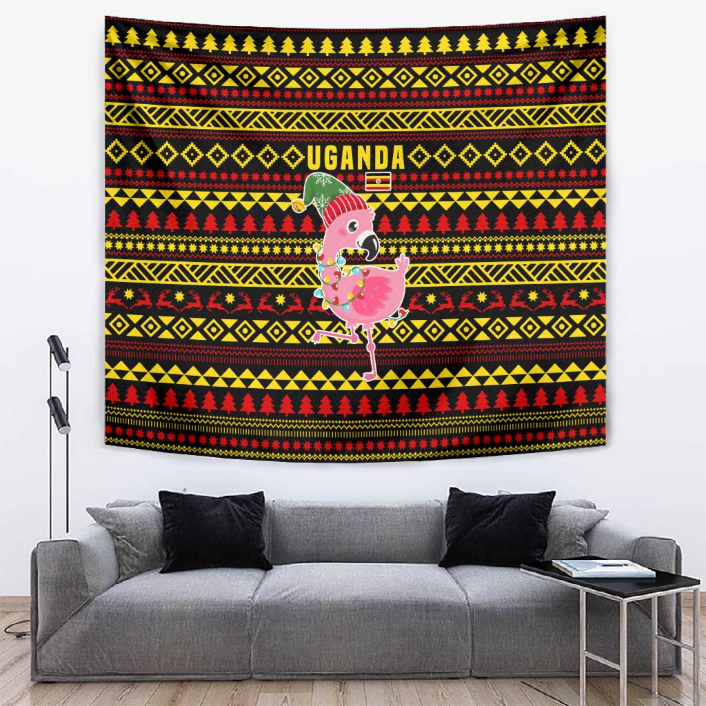 Uganda Christmas Tapestry Flamingo Lights Uganda Flag and Black Red Yellow - African Pride