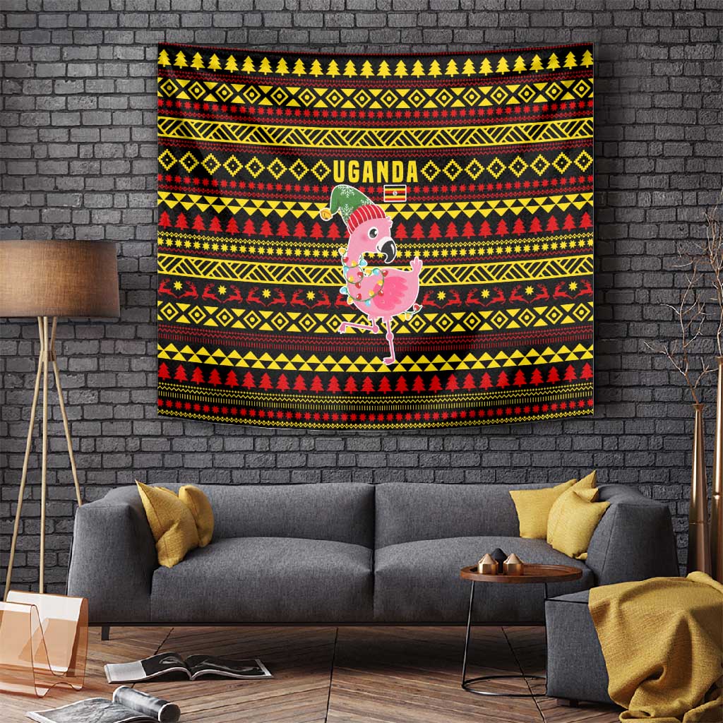 Uganda Christmas Tapestry Flamingo Lights Uganda Flag and Black Red Yellow - African Pride