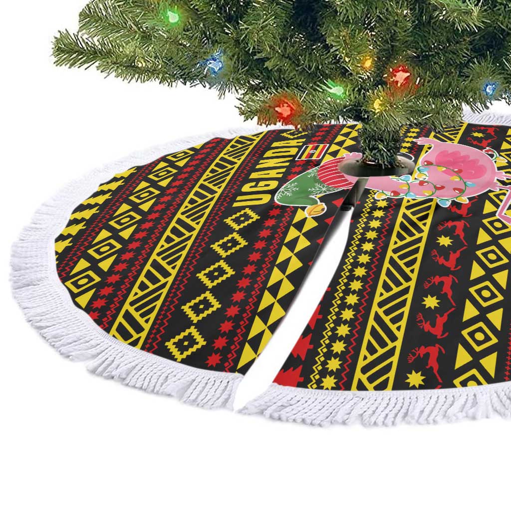 Uganda Christmas Tree Skirt Flamingo Lights Uganda Flag and Black Red Yellow - African Pride