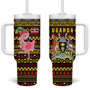 Uganda Christmas Tumbler With Handle Flamingo Lights Uganda Flag and Black Red Yellow - African Pride