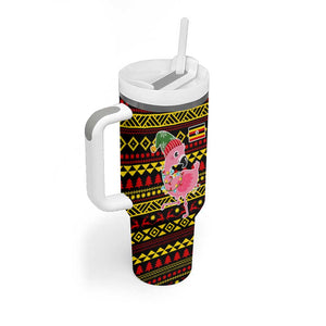 Uganda Christmas Tumbler With Handle Flamingo Lights Uganda Flag and Black Red Yellow - African Pride