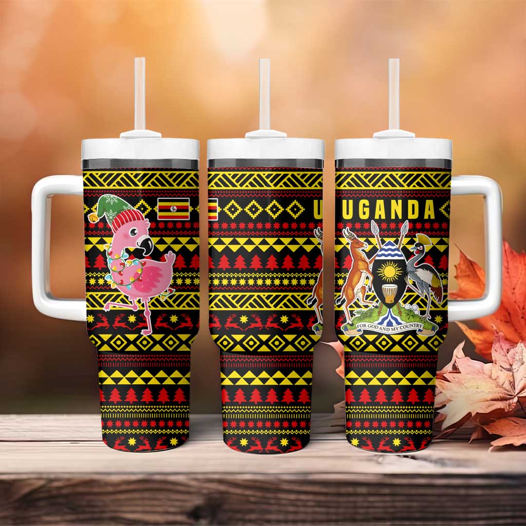 Uganda Christmas Tumbler With Handle Flamingo Lights Uganda Flag and Black Red Yellow - African Pride