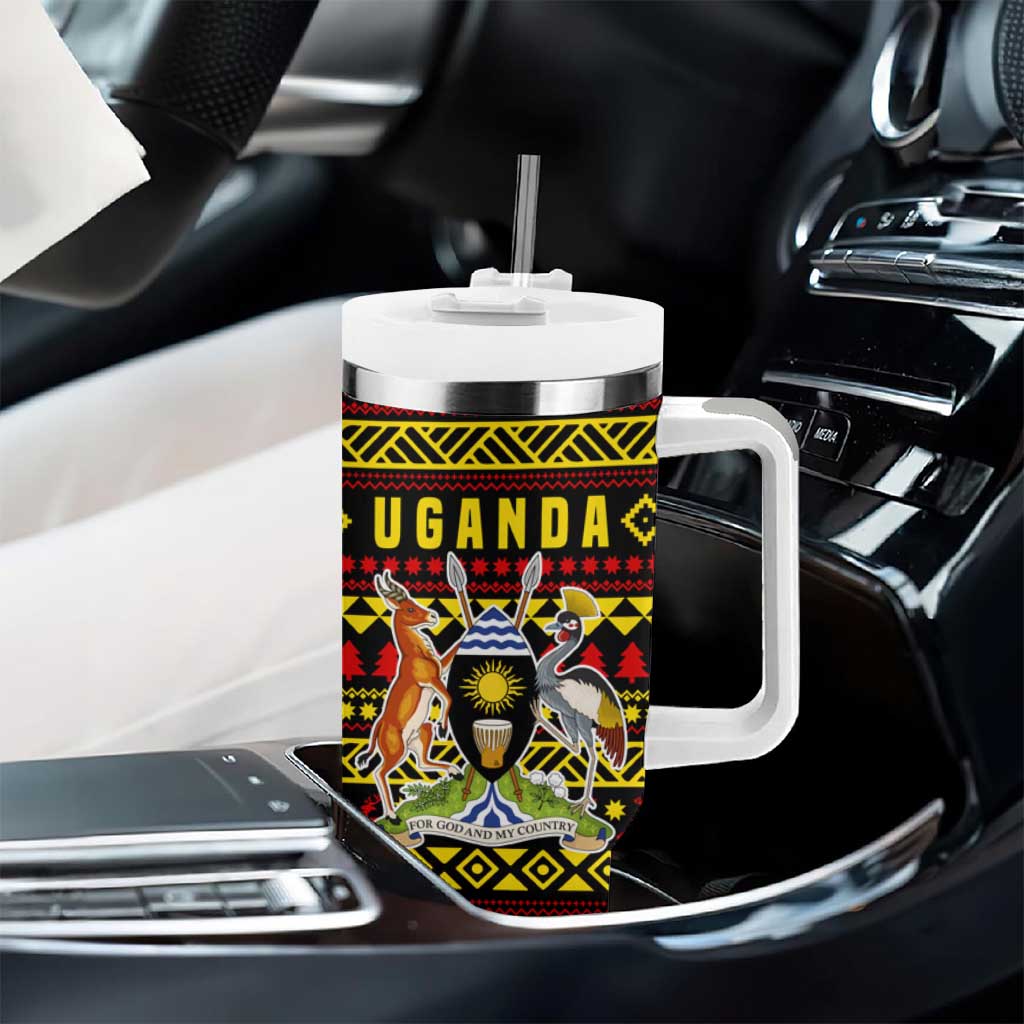 Uganda Christmas Tumbler With Handle Flamingo Lights Uganda Flag and Black Red Yellow - African Pride