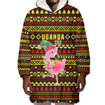 Uganda Christmas Wearable Blanket Hoodie Flamingo Lights Uganda Flag and Black Red Yellow - African Pride