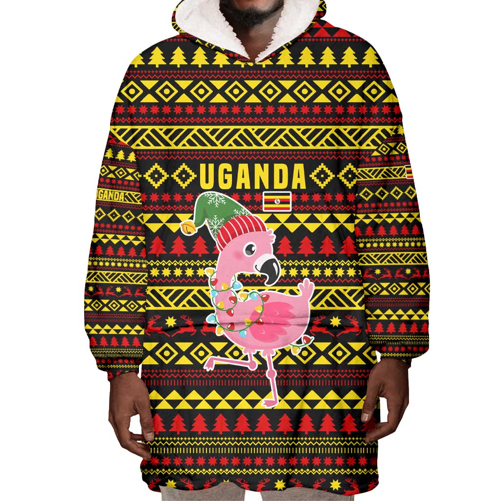 Uganda Christmas Wearable Blanket Hoodie Flamingo Lights Uganda Flag and Black Red Yellow - African Pride