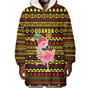 Uganda Christmas Wearable Blanket Hoodie Flamingo Lights Uganda Flag and Black Red Yellow - African Pride