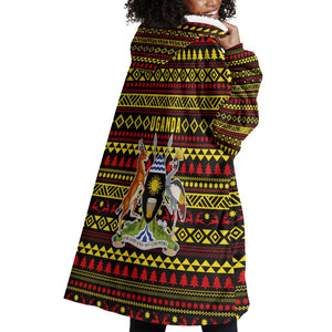 Uganda Christmas Wearable Blanket Hoodie Flamingo Lights Uganda Flag and Black Red Yellow - African Pride