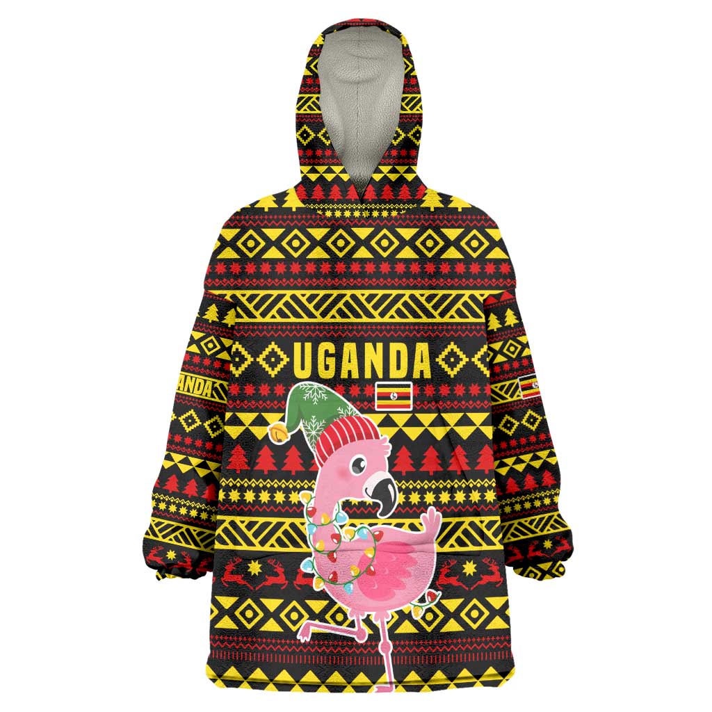 Uganda Christmas Wearable Blanket Hoodie Flamingo Lights Uganda Flag and Black Red Yellow - African Pride