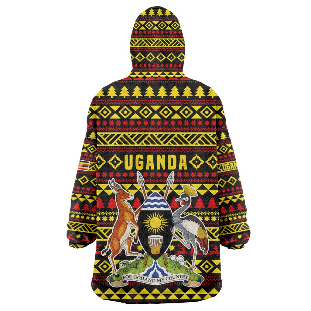 Uganda Christmas Wearable Blanket Hoodie Flamingo Lights Uganda Flag and Black Red Yellow - African Pride