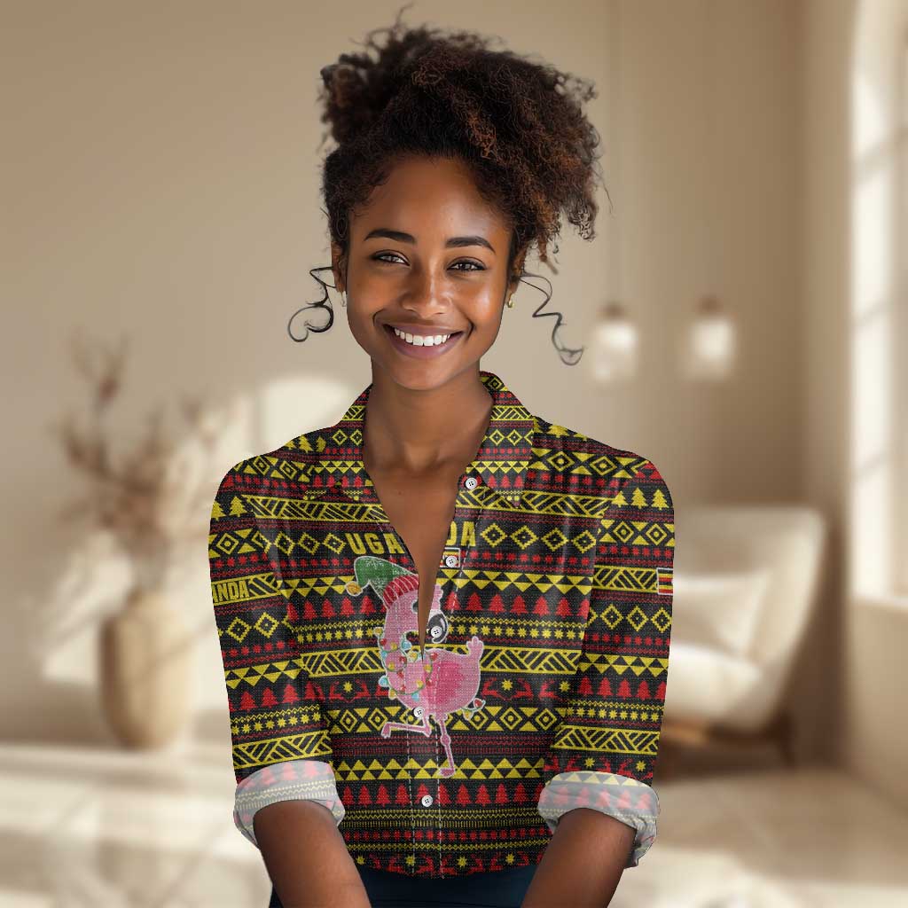 Uganda Christmas Women Casual Shirt Flamingo Lights Uganda Flag and Black Red Yellow - African Pride