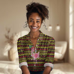 Uganda Christmas Women Casual Shirt Flamingo Lights Uganda Flag and Black Red Yellow - African Pride