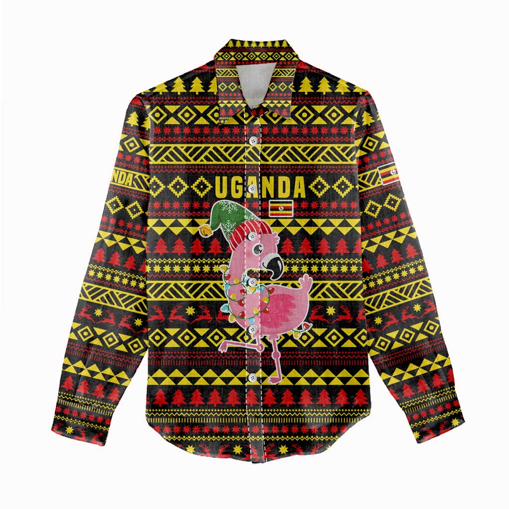 Uganda Christmas Women Casual Shirt Flamingo Lights Uganda Flag and Black Red Yellow - African Pride