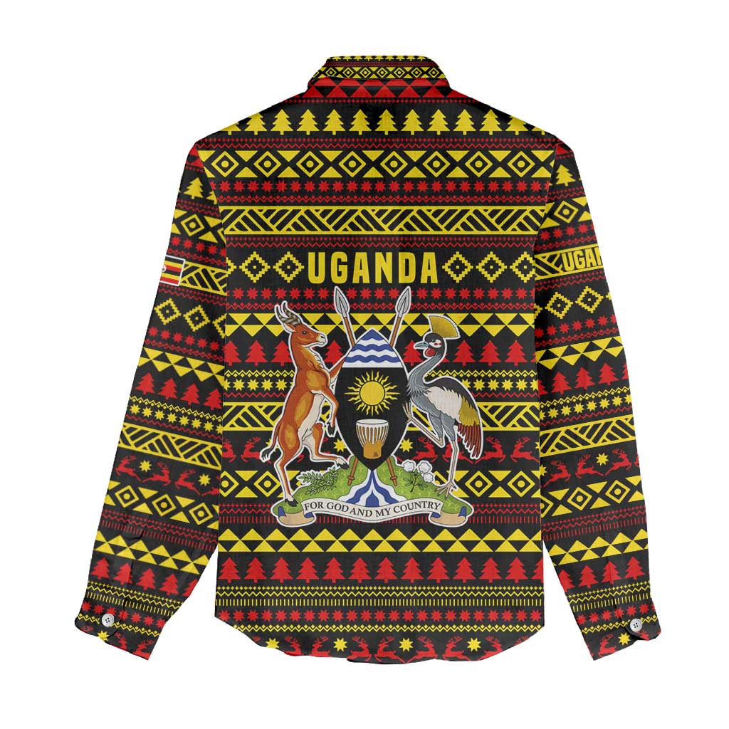 Uganda Christmas Women Casual Shirt Flamingo Lights Uganda Flag and Black Red Yellow - African Pride
