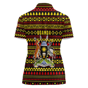 Uganda Christmas Women Polo Shirt Flamingo Lights Uganda Flag and Black Red Yellow - African Pride