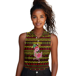 Uganda Christmas Women Sleeveless Polo Shirt Flamingo Lights Uganda Flag and Black Red Yellow - African Pride