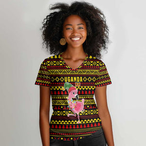 Uganda Christmas Women V-Neck T-Shirt Flamingo Lights Uganda Flag and Black Red Yellow - African Pride