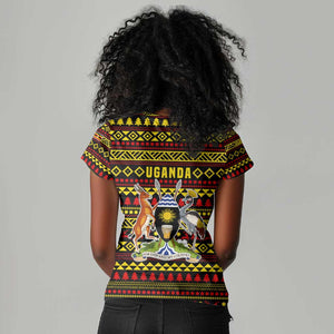 Uganda Christmas Women V-Neck T-Shirt Flamingo Lights Uganda Flag and Black Red Yellow - African Pride