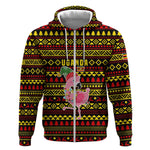 Uganda Christmas Zip Hoodie Flamingo Lights Uganda Flag and Black Red Yellow - African Pride