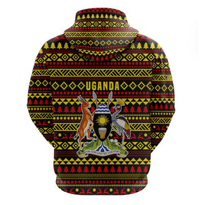 Uganda Christmas Zip Hoodie Flamingo Lights Uganda Flag and Black Red Yellow - African Pride