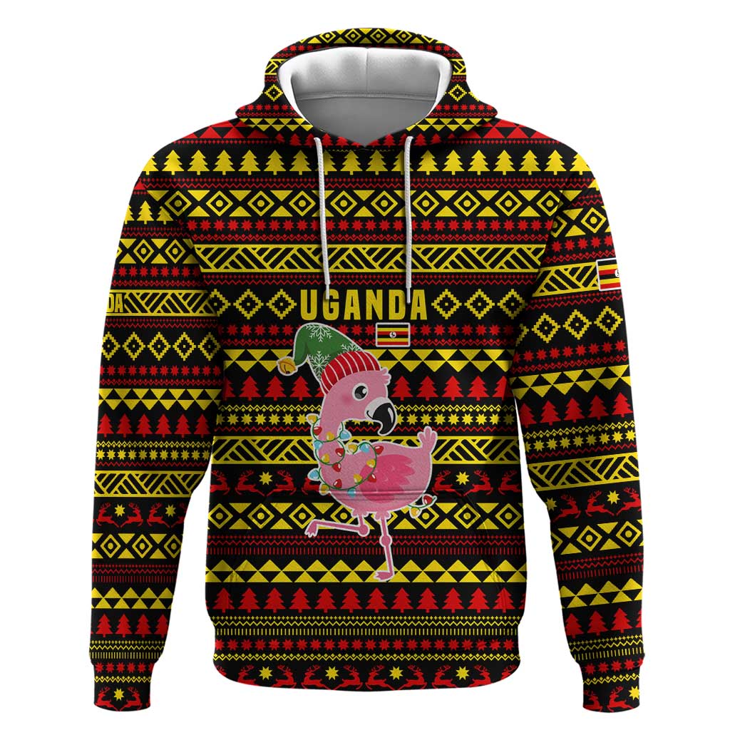 Uganda Christmas Zip Hoodie Flamingo Lights Uganda Flag and Black Red Yellow - African Pride