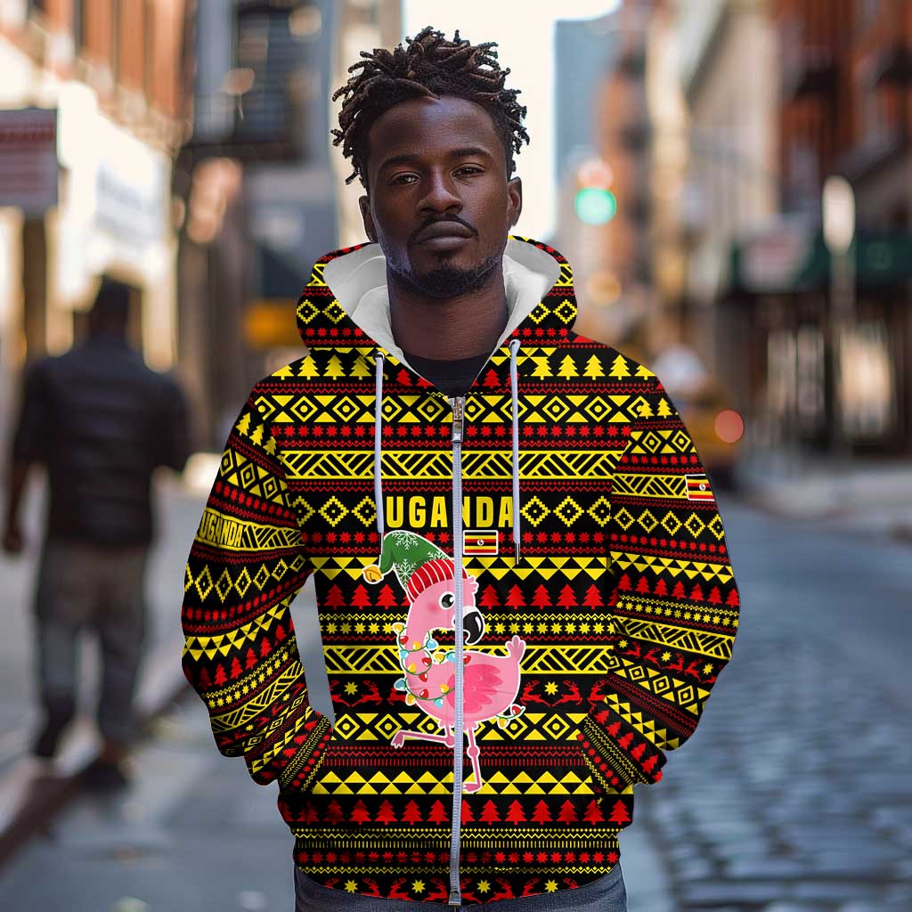 Uganda Christmas Zip Hoodie Flamingo Lights Uganda Flag and Black Red Yellow - African Pride