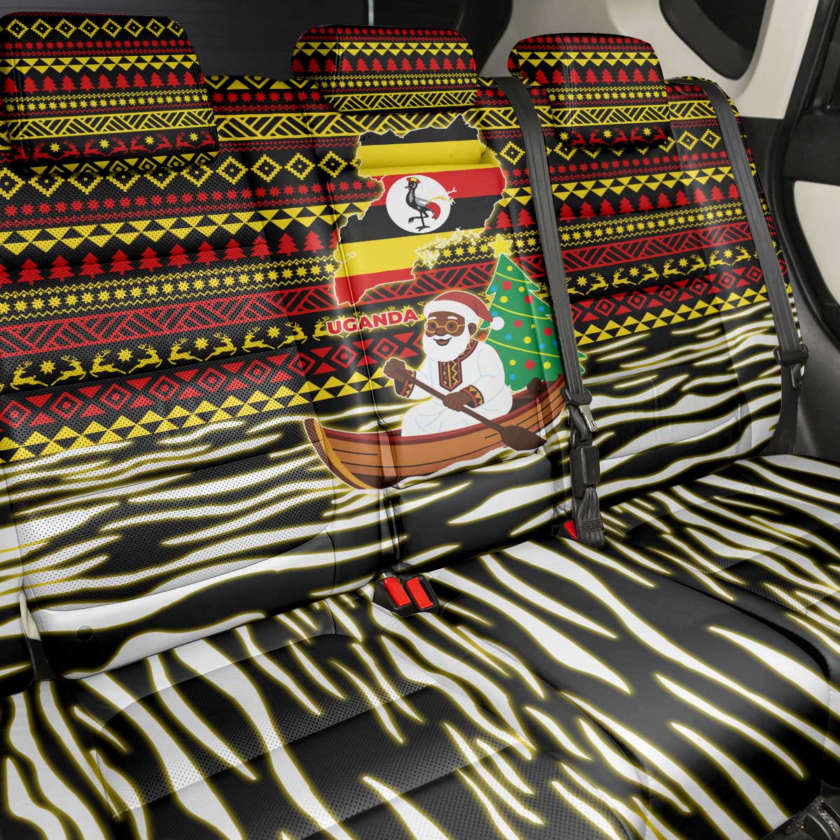 Uganda Christmas Back Car Seat Cover Santa in Canoe Christmas Tree Uganda Map Flag - African Pride