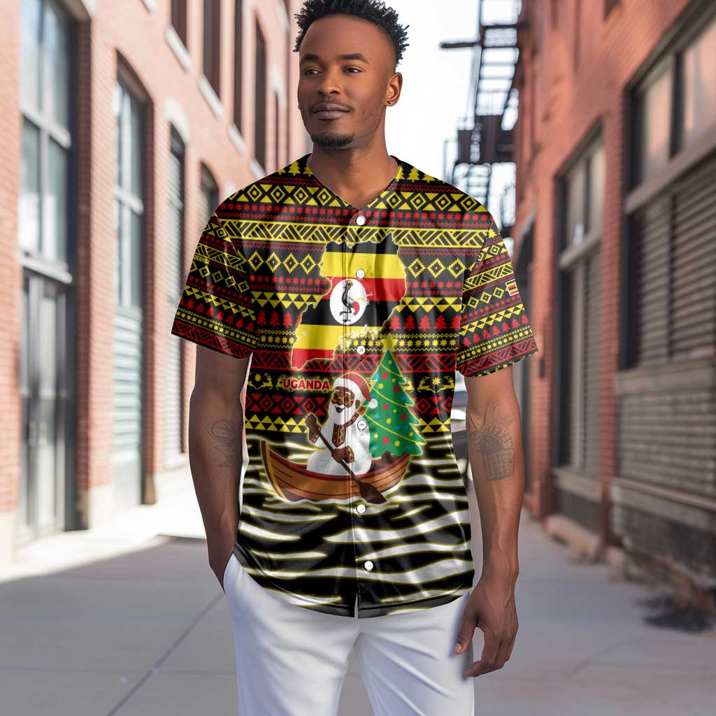 Uganda Christmas Baseball Jersey Santa in Canoe Christmas Tree Uganda Map Flag - African Pride