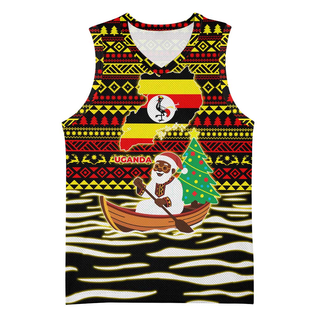 Uganda Christmas Basketball Jersey Santa in Canoe Christmas Tree Uganda Map Flag - African Pride