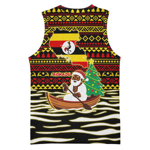 Uganda Christmas Basketball Jersey Santa in Canoe Christmas Tree Uganda Map Flag - African Pride