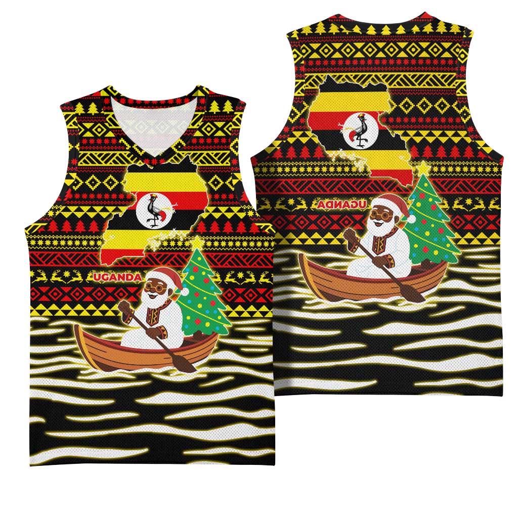 Uganda Christmas Basketball Jersey Santa in Canoe Christmas Tree Uganda Map Flag - African Pride