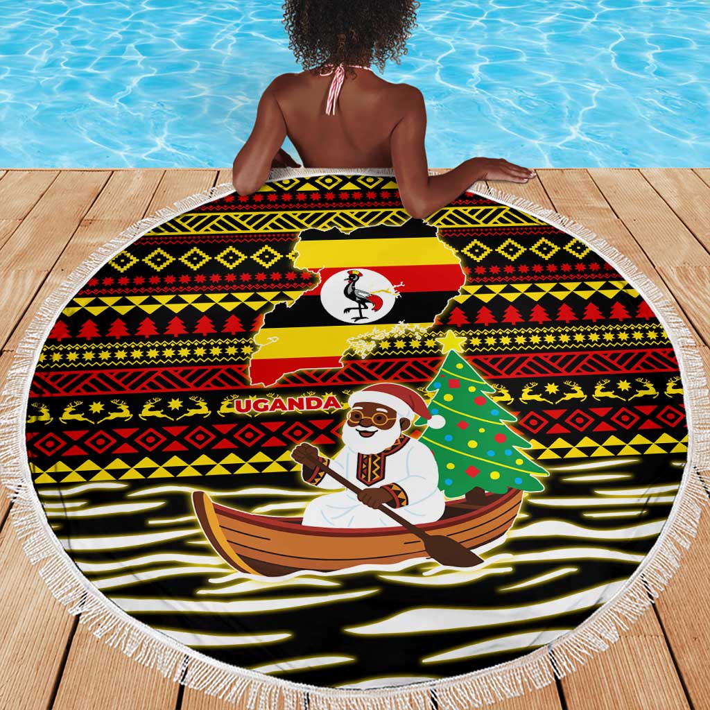 Uganda Christmas Beach Blanket Santa in Canoe Christmas Tree Uganda Map Flag - African Pride