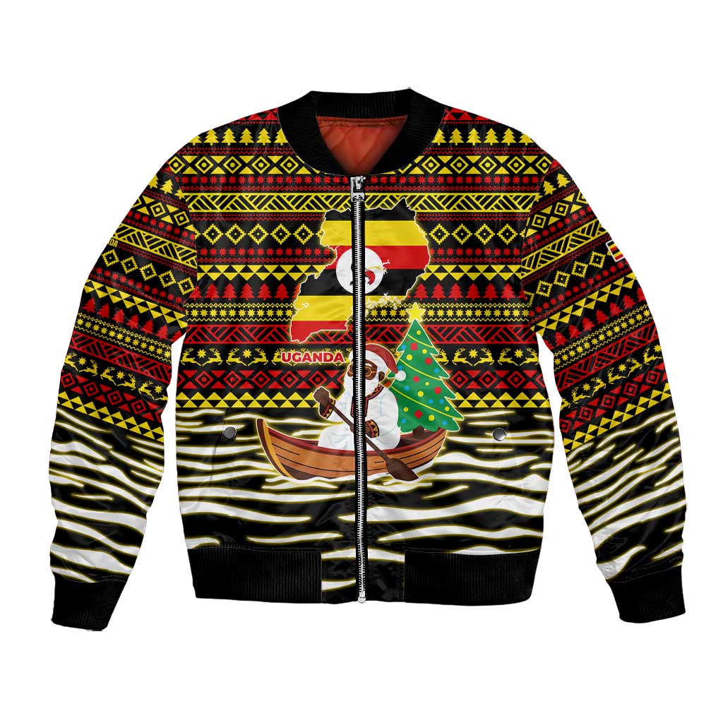 Uganda Christmas Bomber Jacket Santa in Canoe Christmas Tree Uganda Map Flag - African Pride