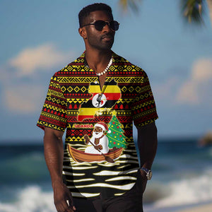Uganda Christmas Hawaiian Shirt Santa in Canoe Christmas Tree Uganda Map Flag - African Pride