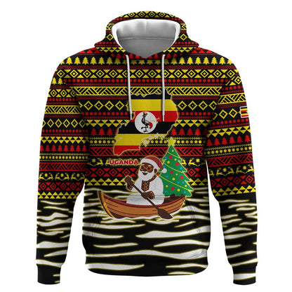 Uganda Christmas Hoodie Santa in Canoe Christmas Tree Uganda Map Flag - African Pride
