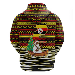 Uganda Christmas Hoodie Santa in Canoe Christmas Tree Uganda Map Flag - African Pride
