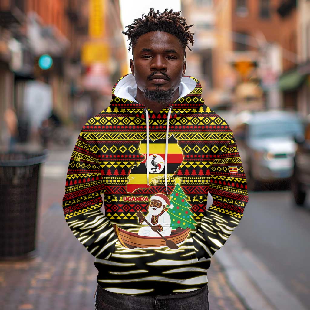 Uganda Christmas Hoodie Santa in Canoe Christmas Tree Uganda Map Flag - African Pride
