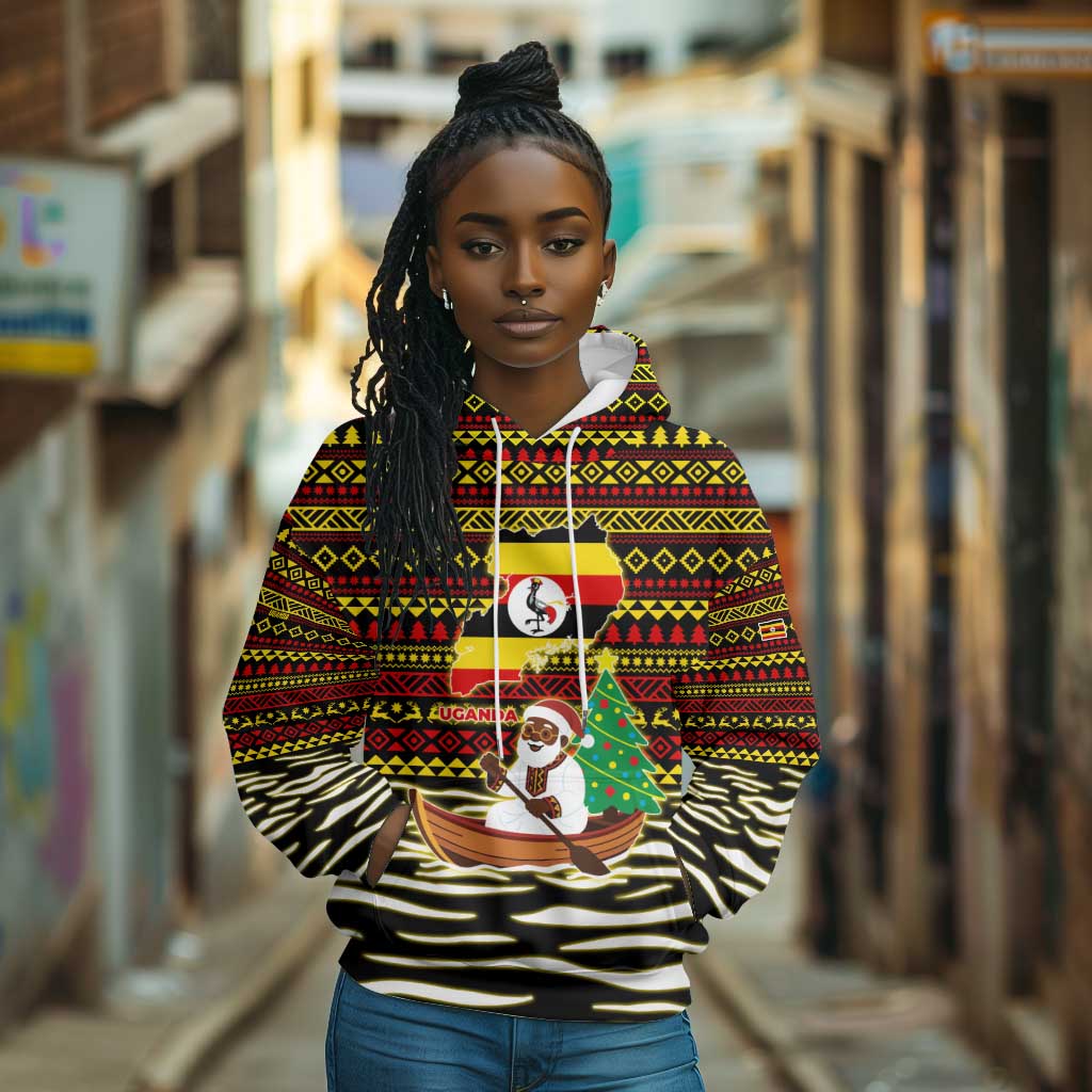 Uganda Christmas Hoodie Santa in Canoe Christmas Tree Uganda Map Flag - African Pride