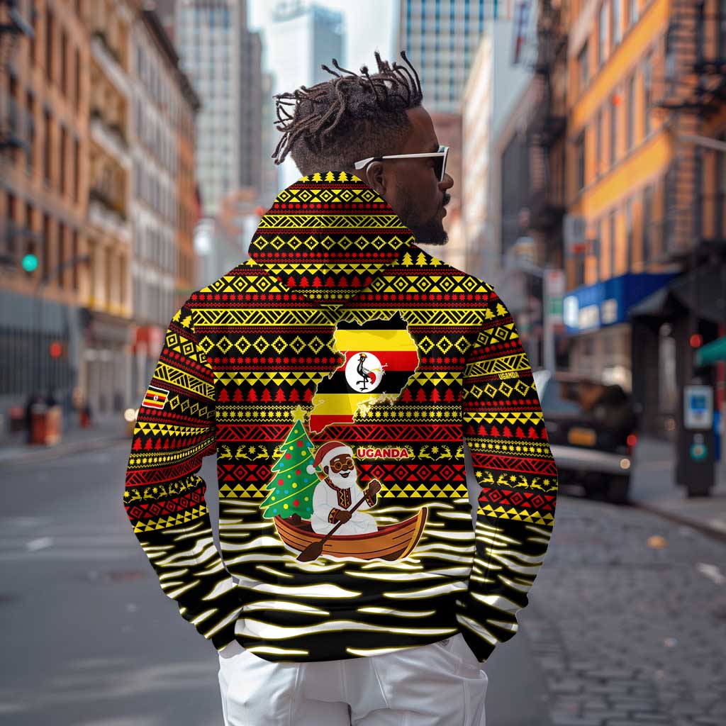 Uganda Christmas Hoodie Santa in Canoe Christmas Tree Uganda Map Flag - African Pride