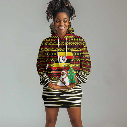 Uganda Christmas Hoodie Dress Santa in Canoe Christmas Tree Uganda Map Flag - African Pride