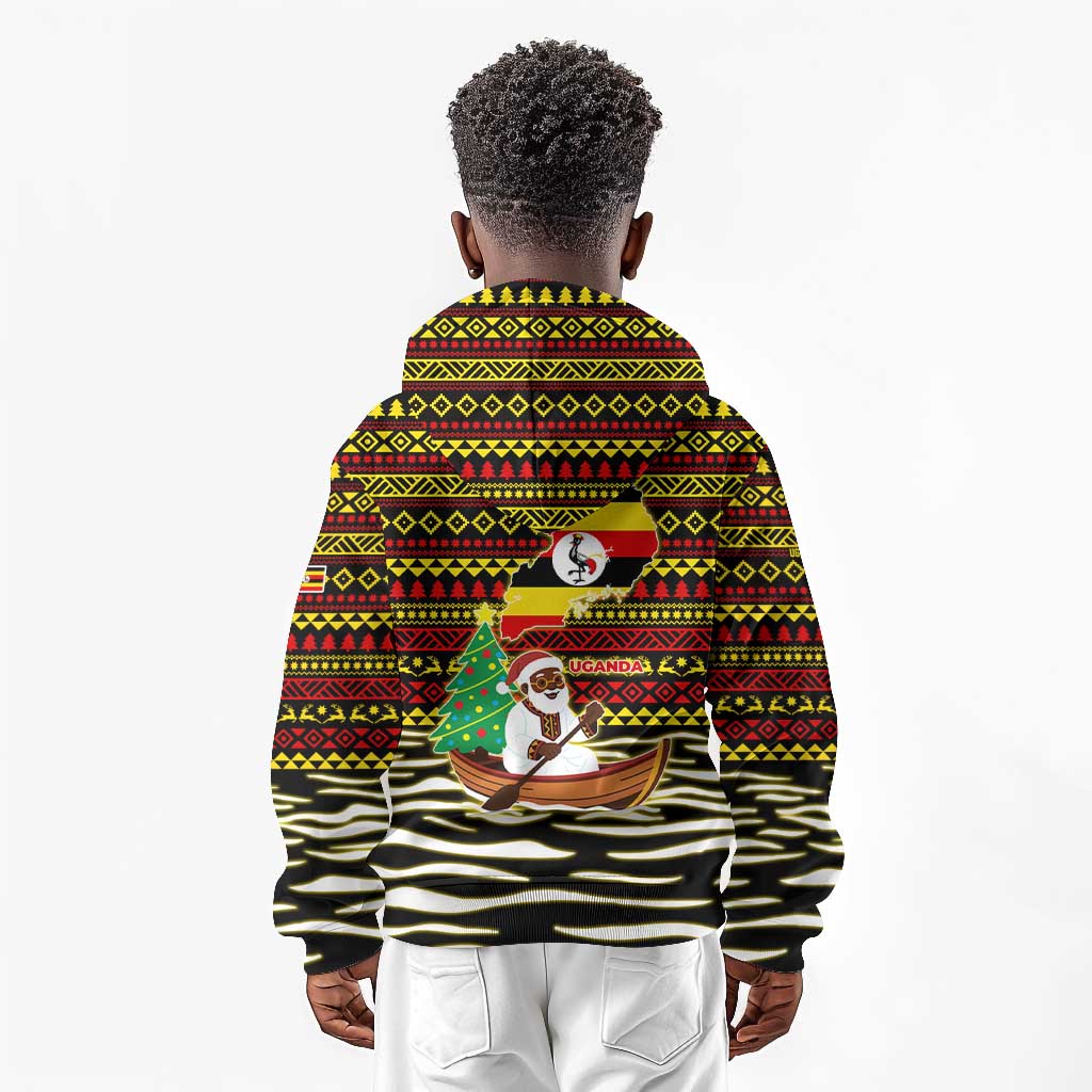 Uganda Christmas Kid Hoodie Santa in Canoe Christmas Tree Uganda Map Flag - African Pride